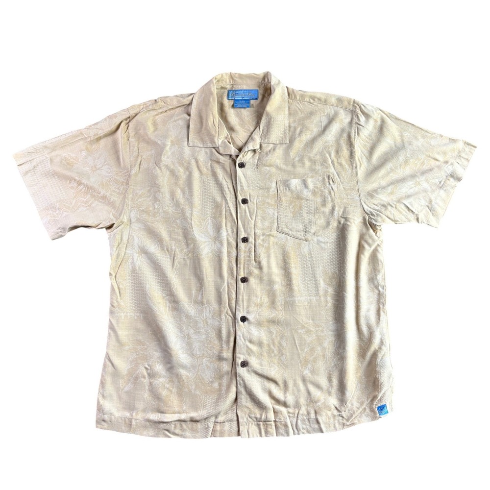 Bermuda Bay Mens XL Silk Hawaiian Shirt Tan Jacquard Floral Tropical Camp Button